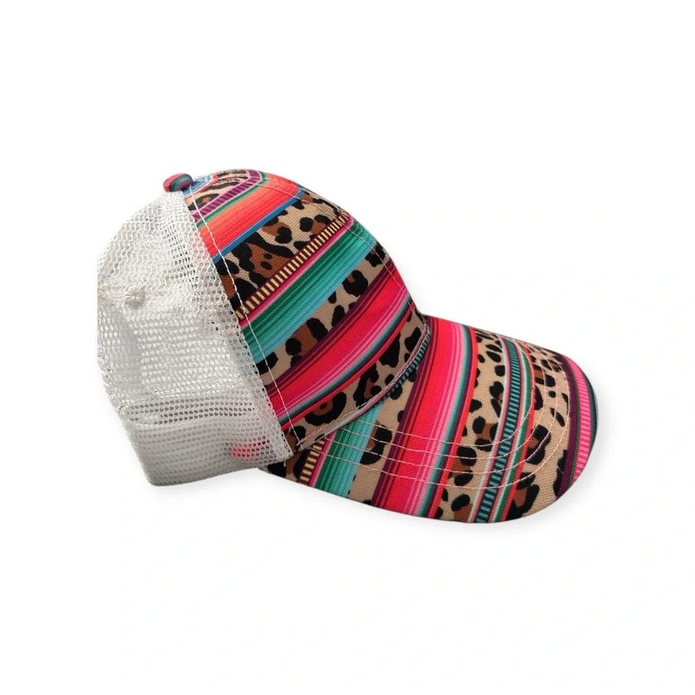 This is a serape and leopard print mesh baseball cap with a Velcro back